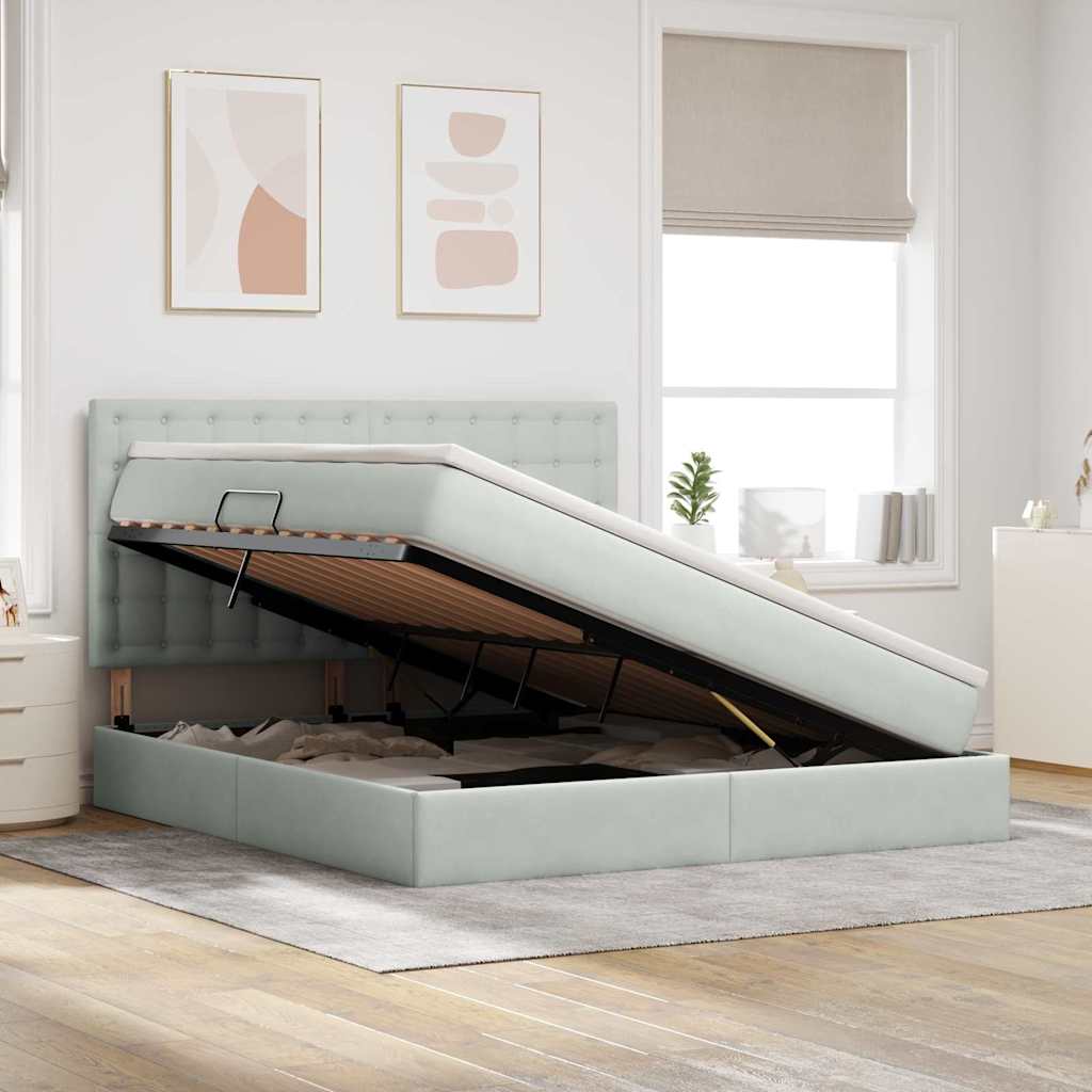 Bett mit Stauraum und LED mit LED Hellgrau 180 x 200 cm Samt