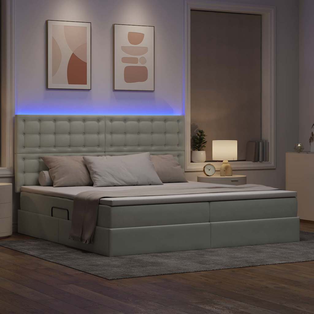 Bett mit Stauraum und LED mit LED Hellgrau 200 x 200 cm Samt