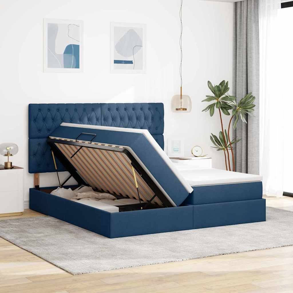 vidaXL Bett mit LED-Lichtleisten mit Kopfteil Blau 180 x 200 cm Stoff