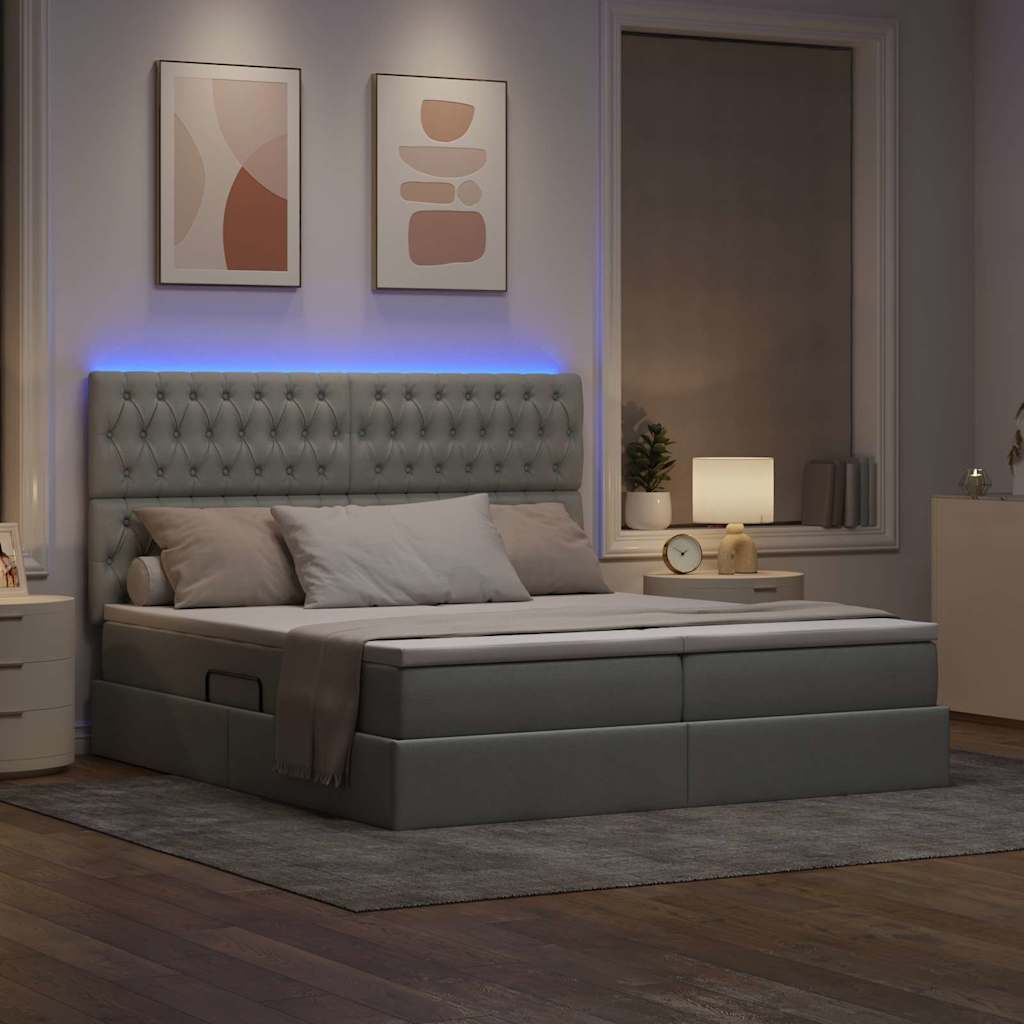 vidaXL Bett mit LED-Lichtleisten Hellgrau 200 x 200 cm Stoff