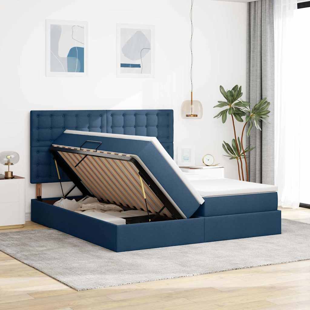 vidaXL Bett mit LED-Lichtleisten mit Kopfteil Blau 180 x 200 cm Stoff