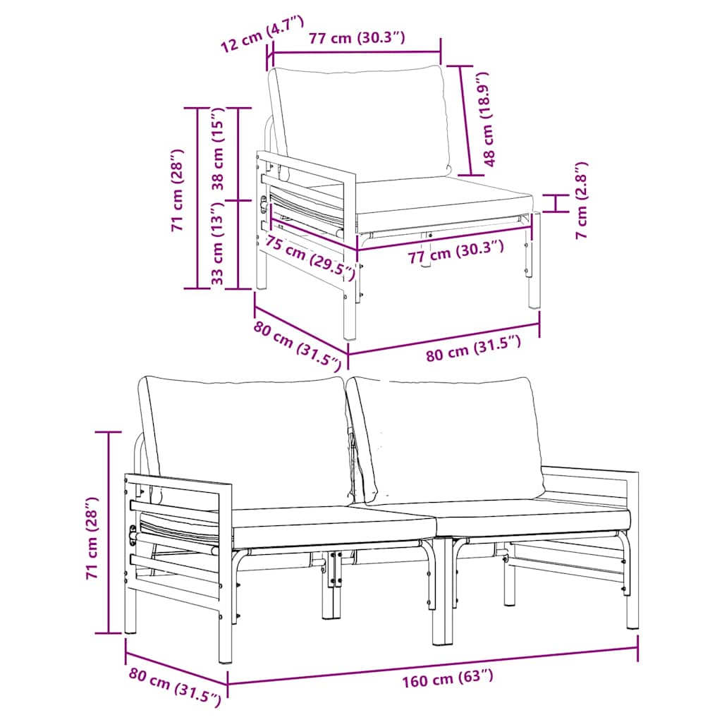 Gartenmöbel mit Kissen 2 pcs Anthrazit 80 x 80 x 71 cm Stahl