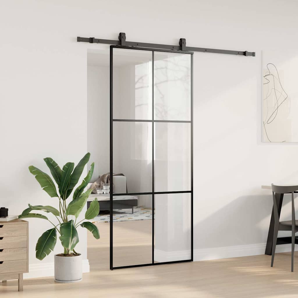 Schiebetür mit Beschlag Schwarz 90x205 cm ESG-Glas