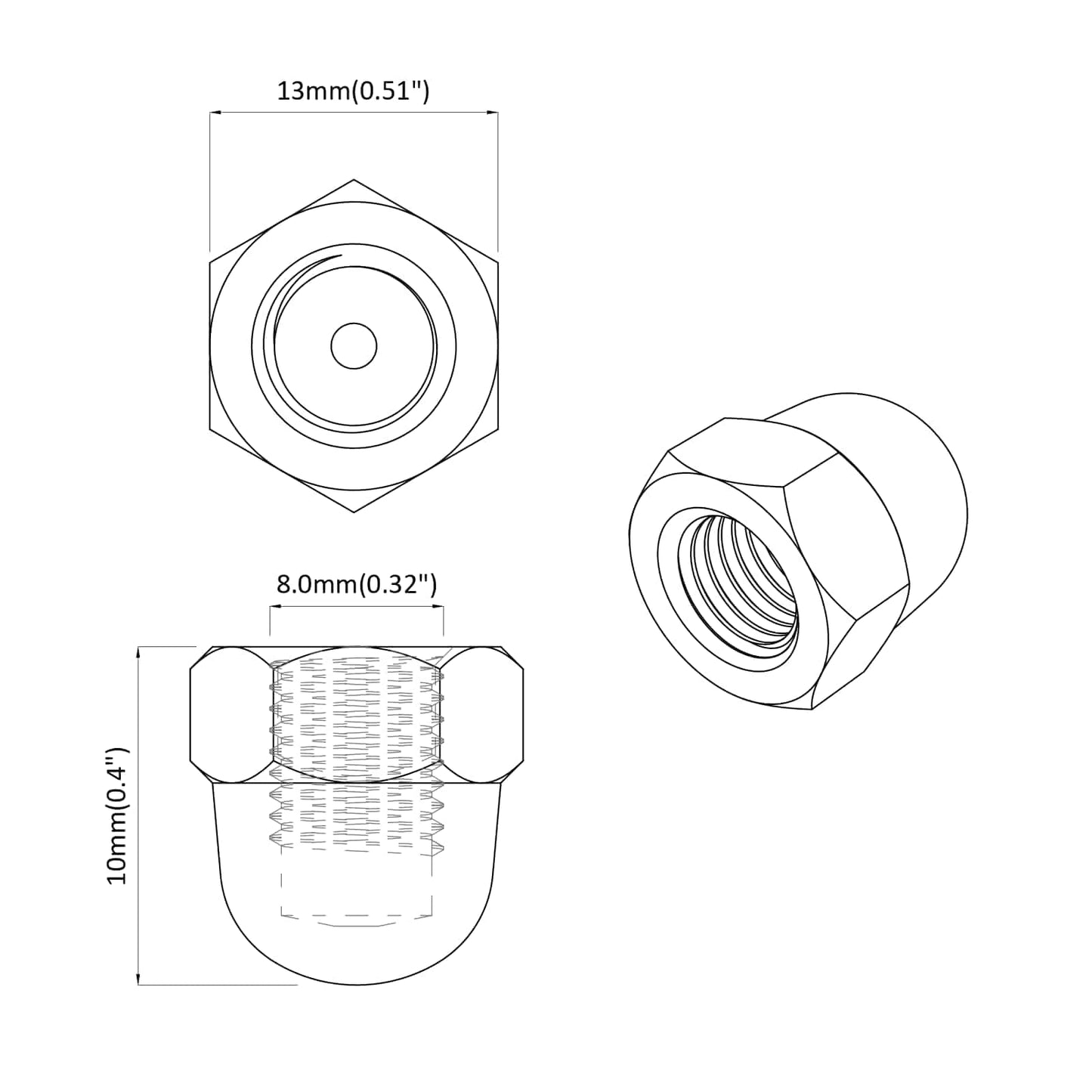 Eichelmuttern 2 pcs Silber 12,8 x 12,8 x 6,5 cm Stahl