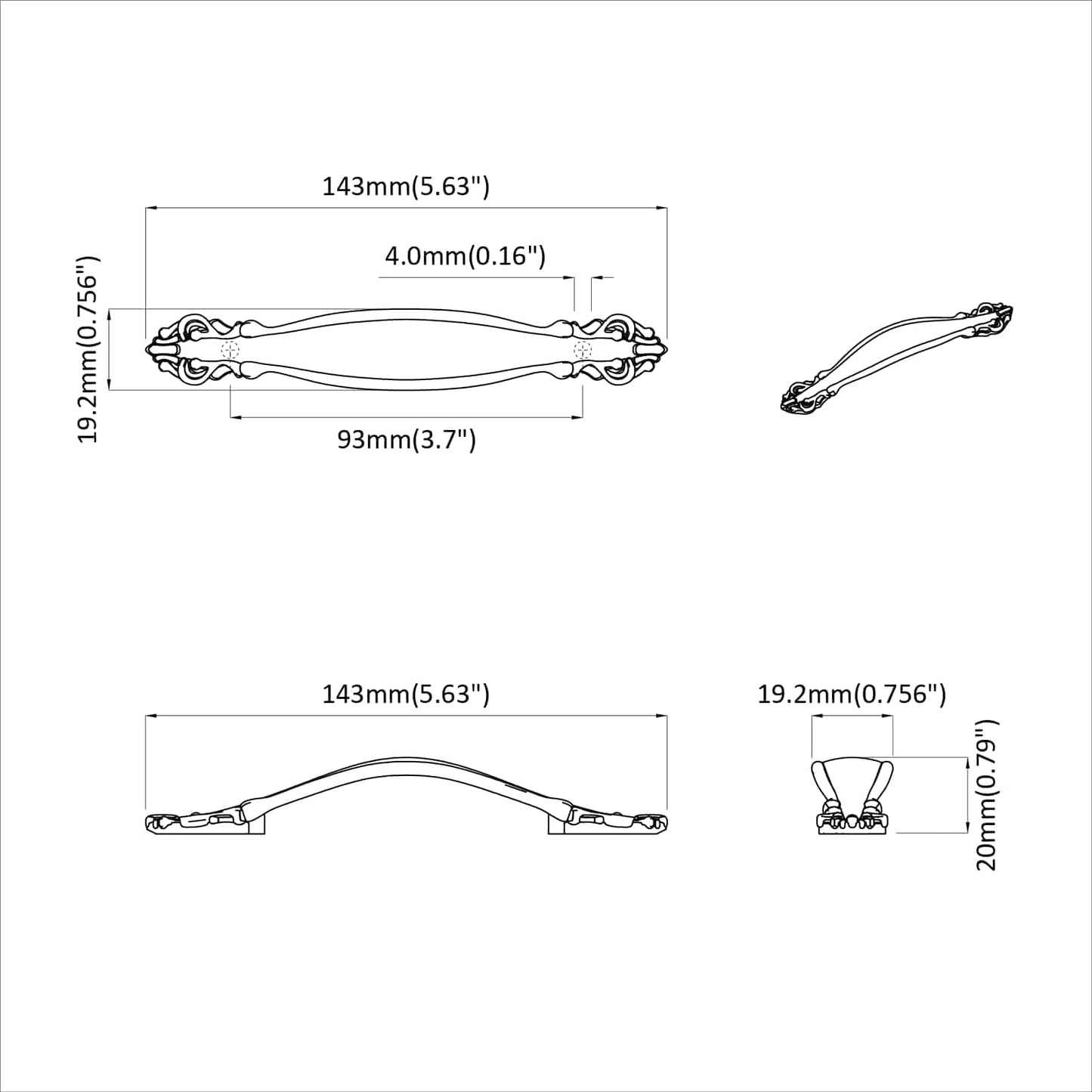 Griff 12 pcs Gold 143 x 19,2 x 20 mm Zinklegierung