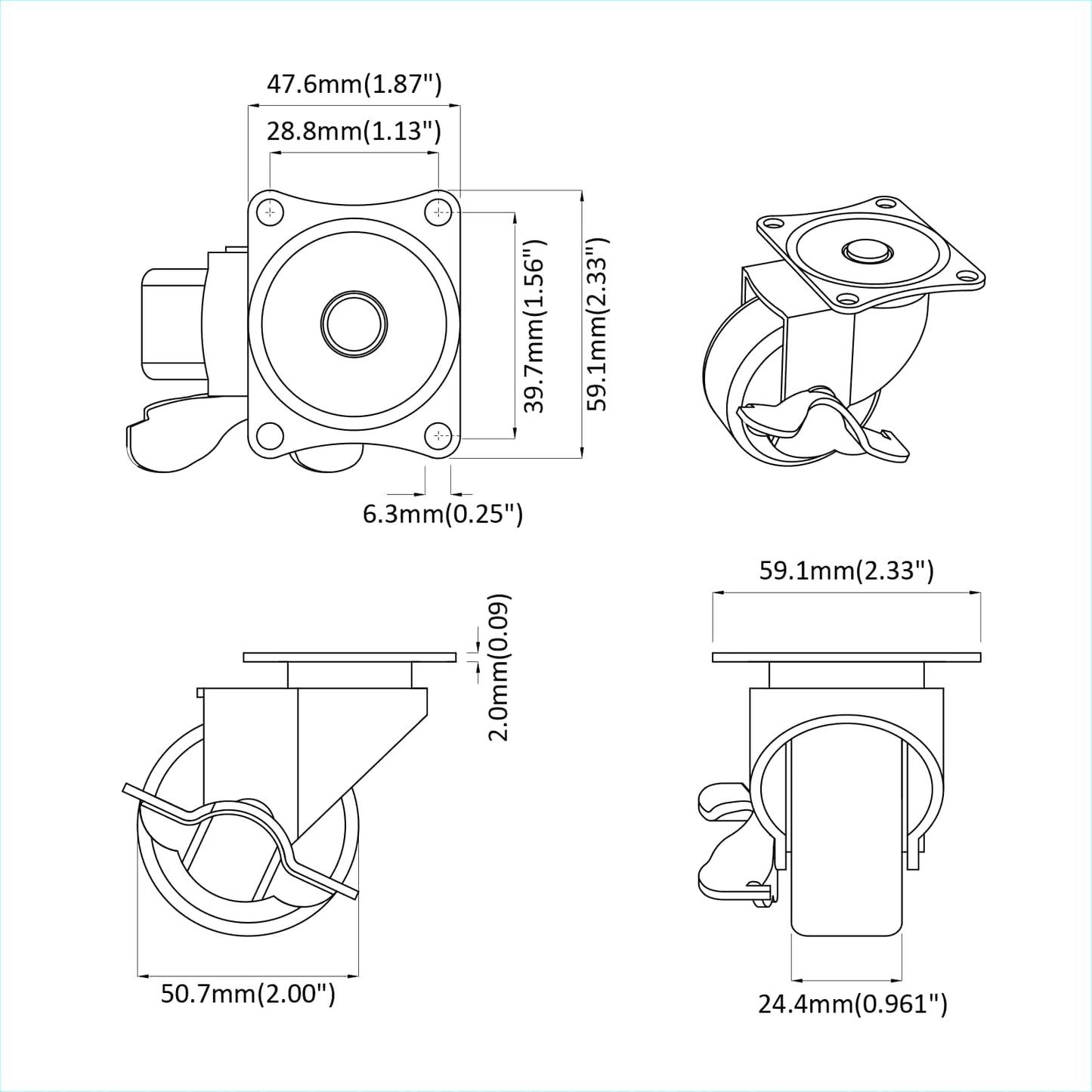 Bockrolle 12 pcs Schwarz und Silber 50,7 x 50,7 x 24,4 mm