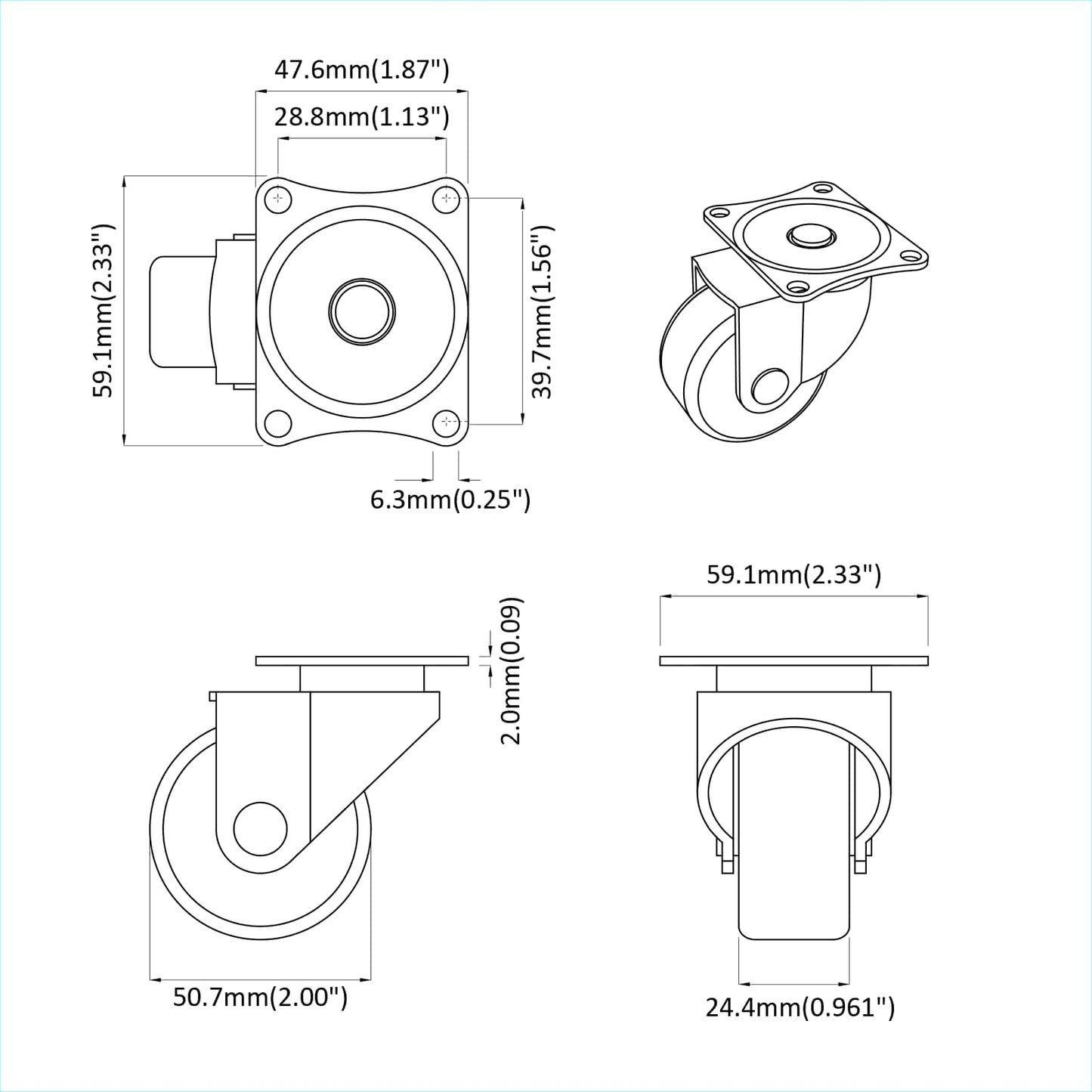 Drehrolle 12 pcs Silber 60 x 60 x 50 mm Eisen und Nylon