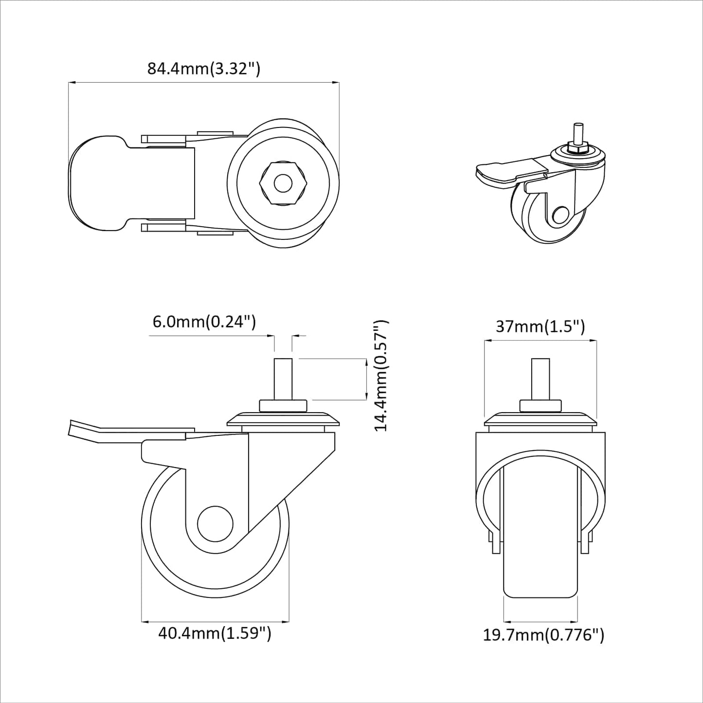 Rollen 2 pcs Schwarz M6 x 37 mm Eisen und Nylon