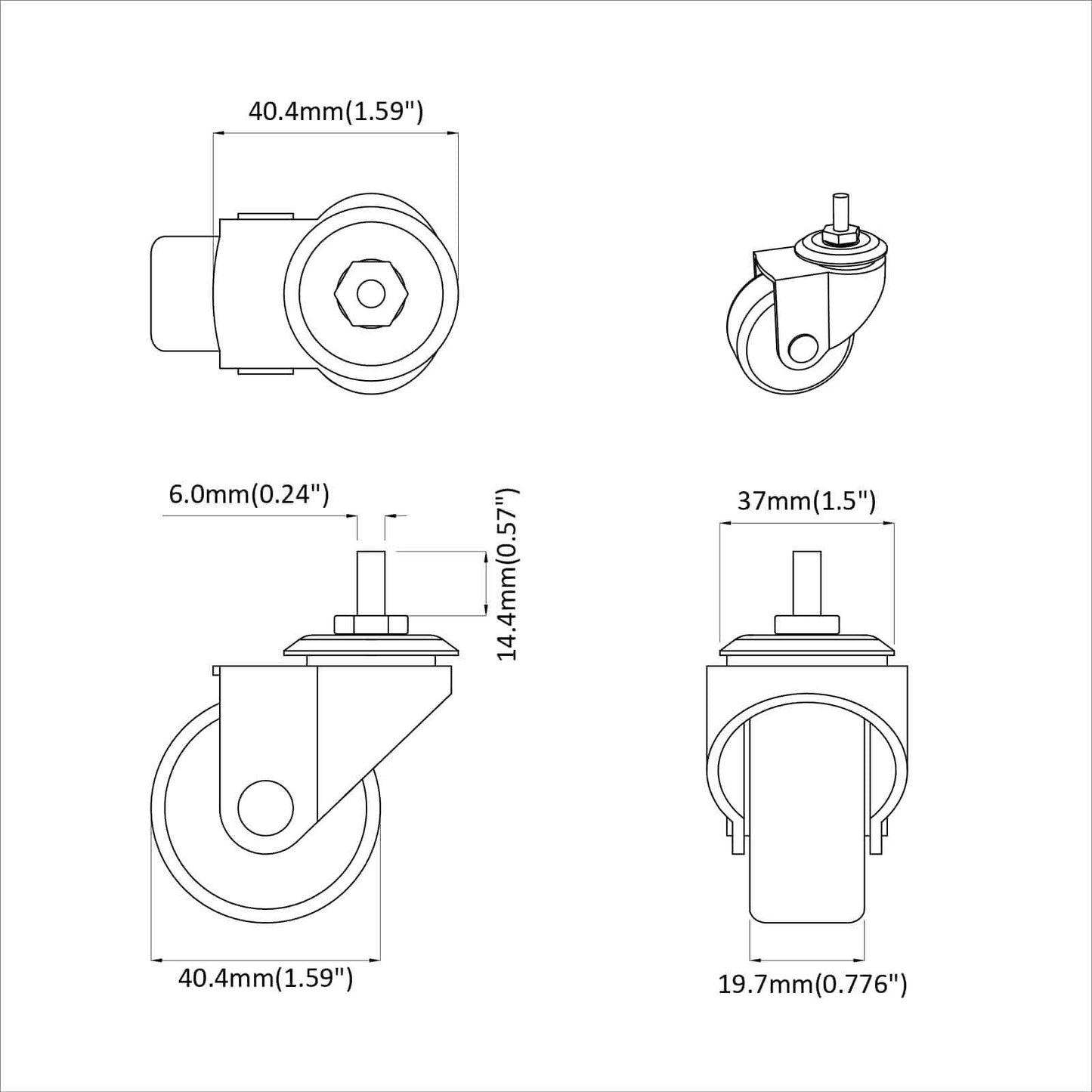 Drehrolle 12 pcs Schwarz 40,4 x 40,4 x 19,7 mm Eisen und Nylon