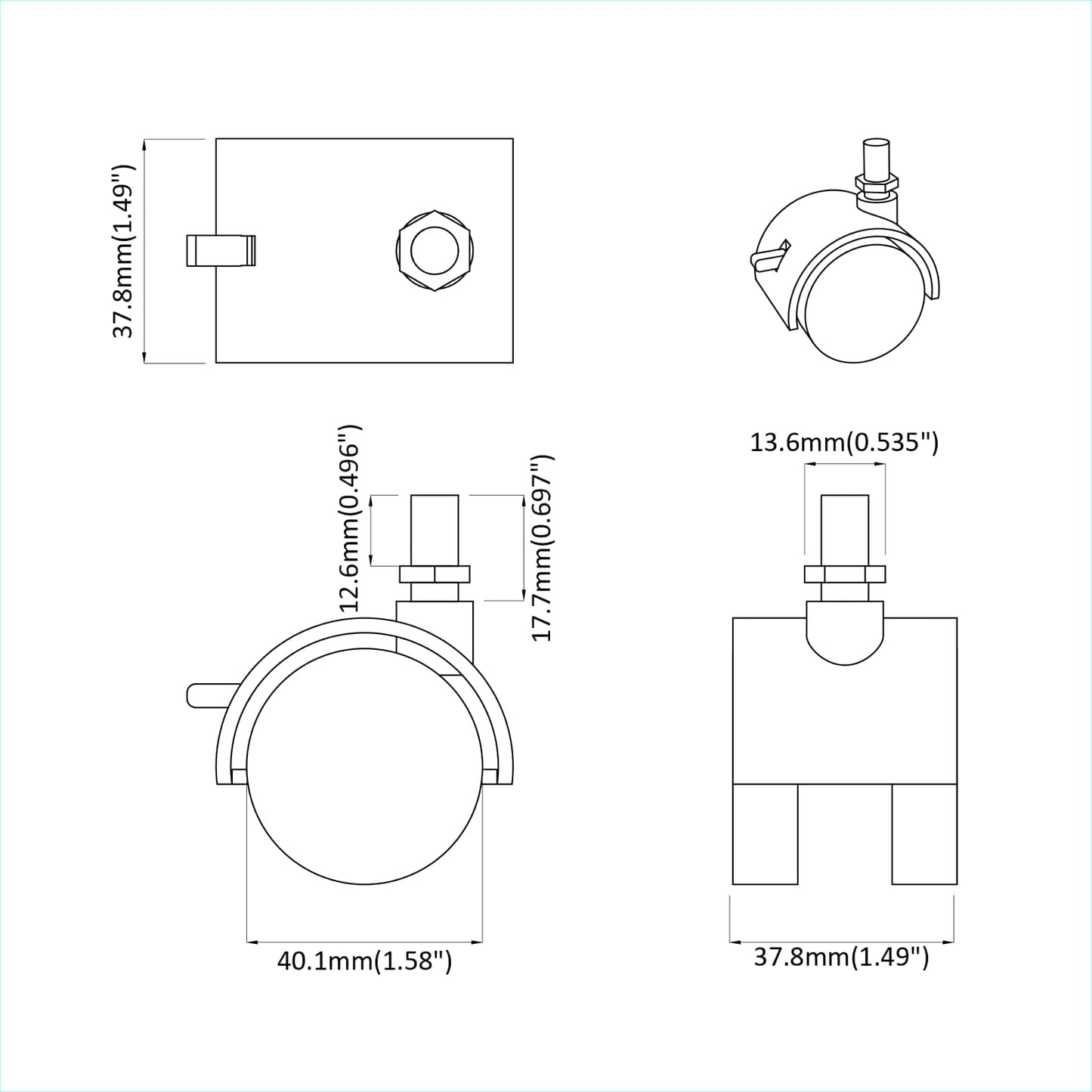 Bockrolle 2 pcs Schwarz und Silber 40,1 x 40,1 x 37,8 mm
