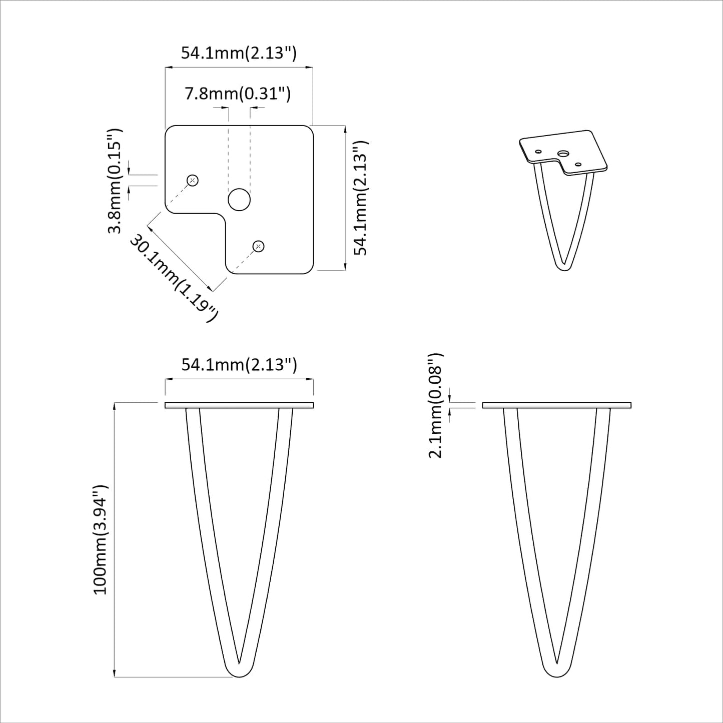 Möbelbein 2 pcs Schwarz 54,1 x 54,1 x 100 mm Eisen