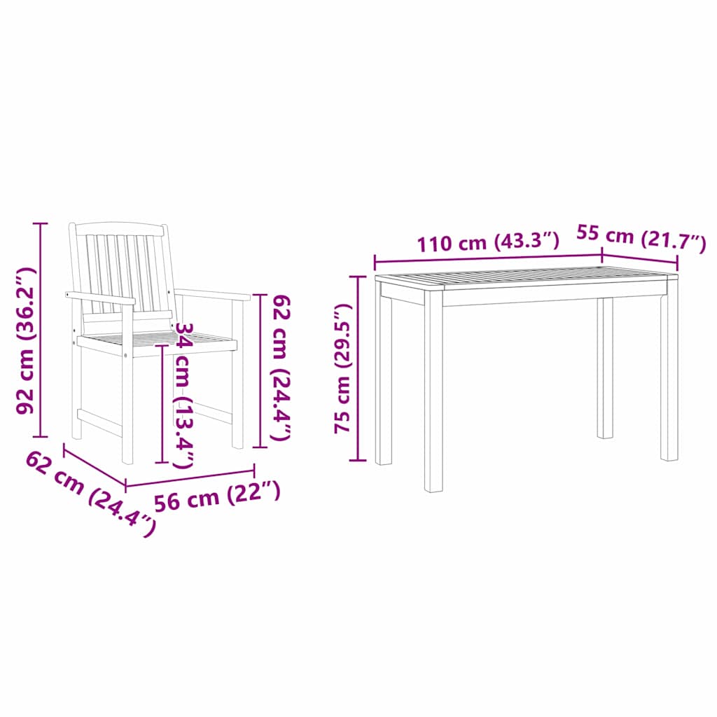 vidaXL Garten Essgruppe 3 pcs Braun Massivholz Akazie