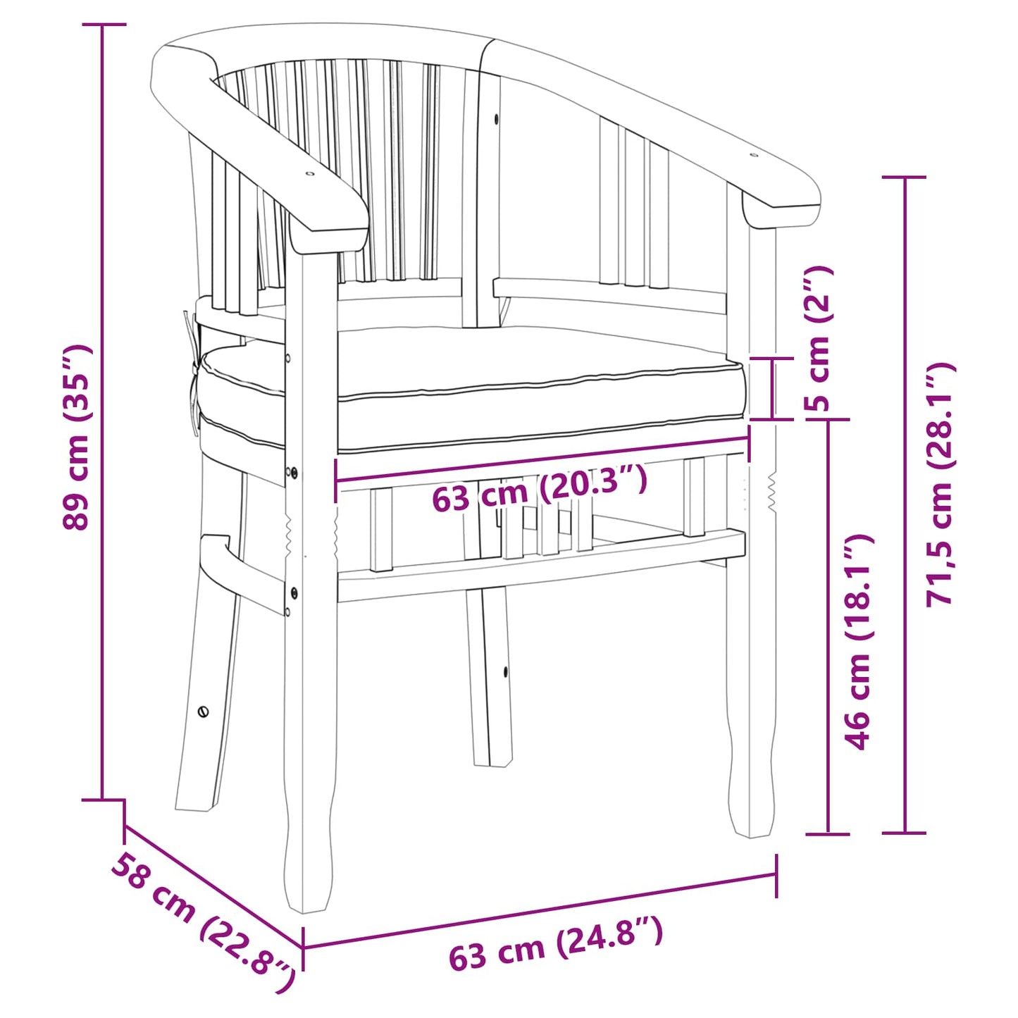vidaXL Stuhl mit Kissen 2 pcs Braun 63 x 58 x 89 cm Massivholz Teak