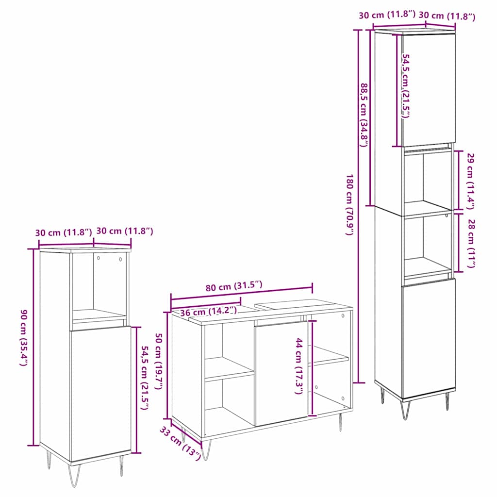 vidaXL Ensemble de meubles de salle de bain avec étagère 3 pcs Chêne artisanal Bois d'ingénierie