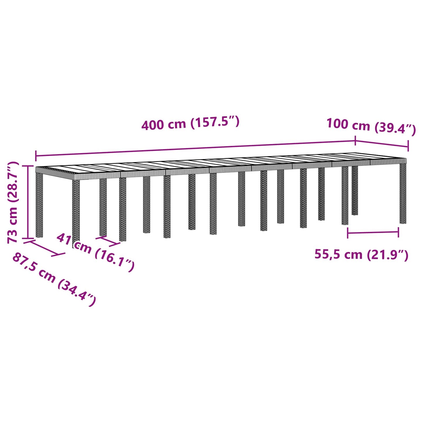 vidaXL Gartentisch Anthrazit 400 x 100 x 73 cm Poly-Rattan