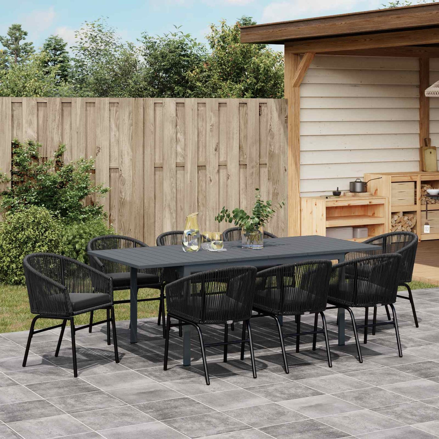 Garten Essgruppe 9 pcs Schwarz Poly-Rattan