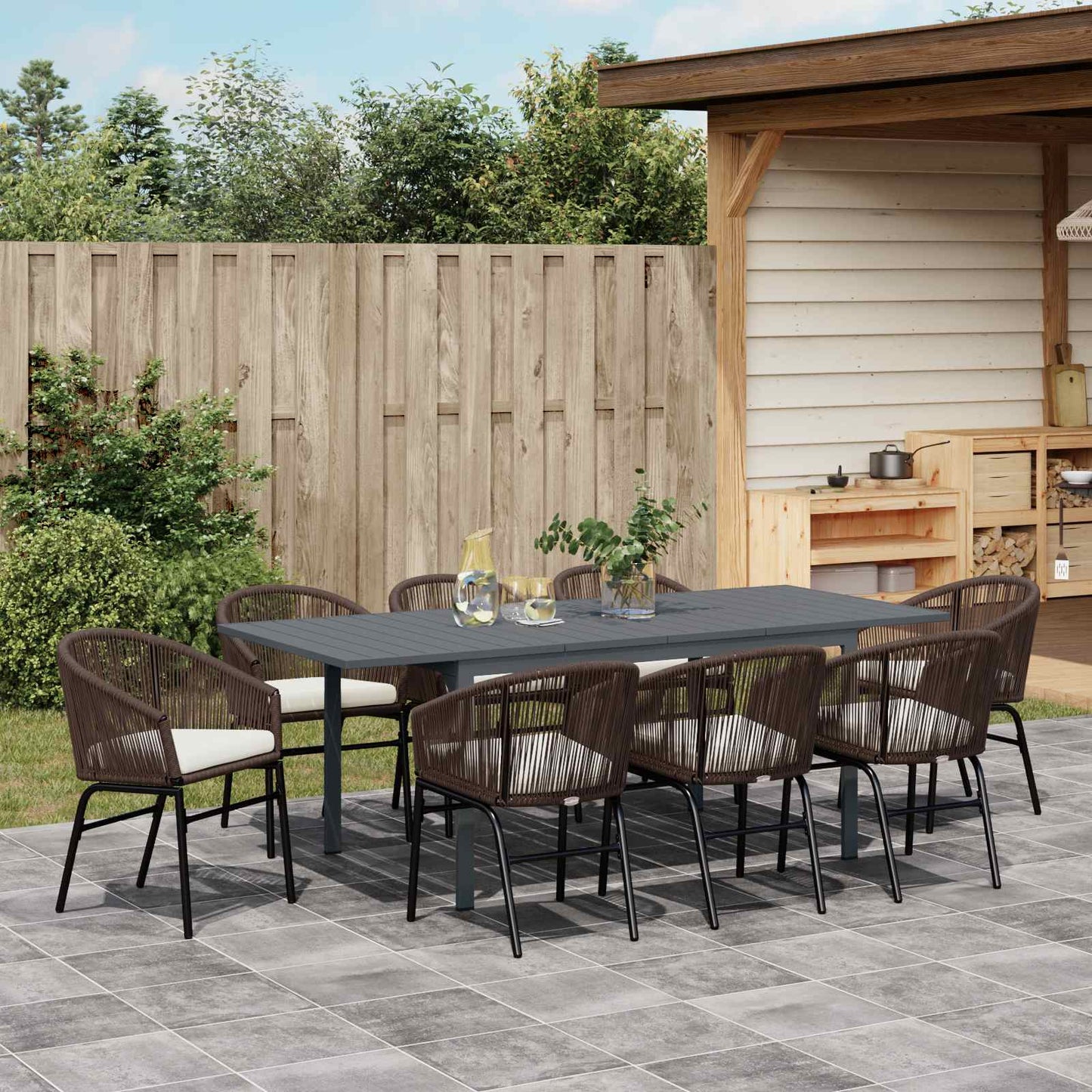 Garten Essgruppe 9 pcs Braun Poly-Rattan