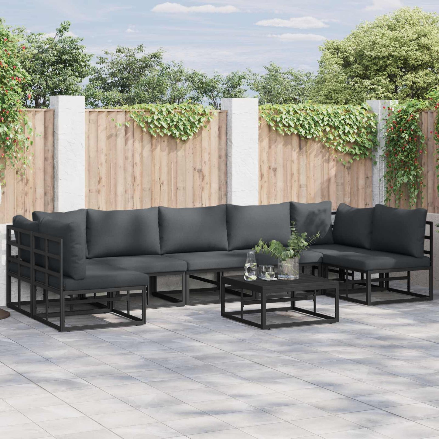 Gartensofa-set mit Kissen 7 pcs Schwarz Aluminium