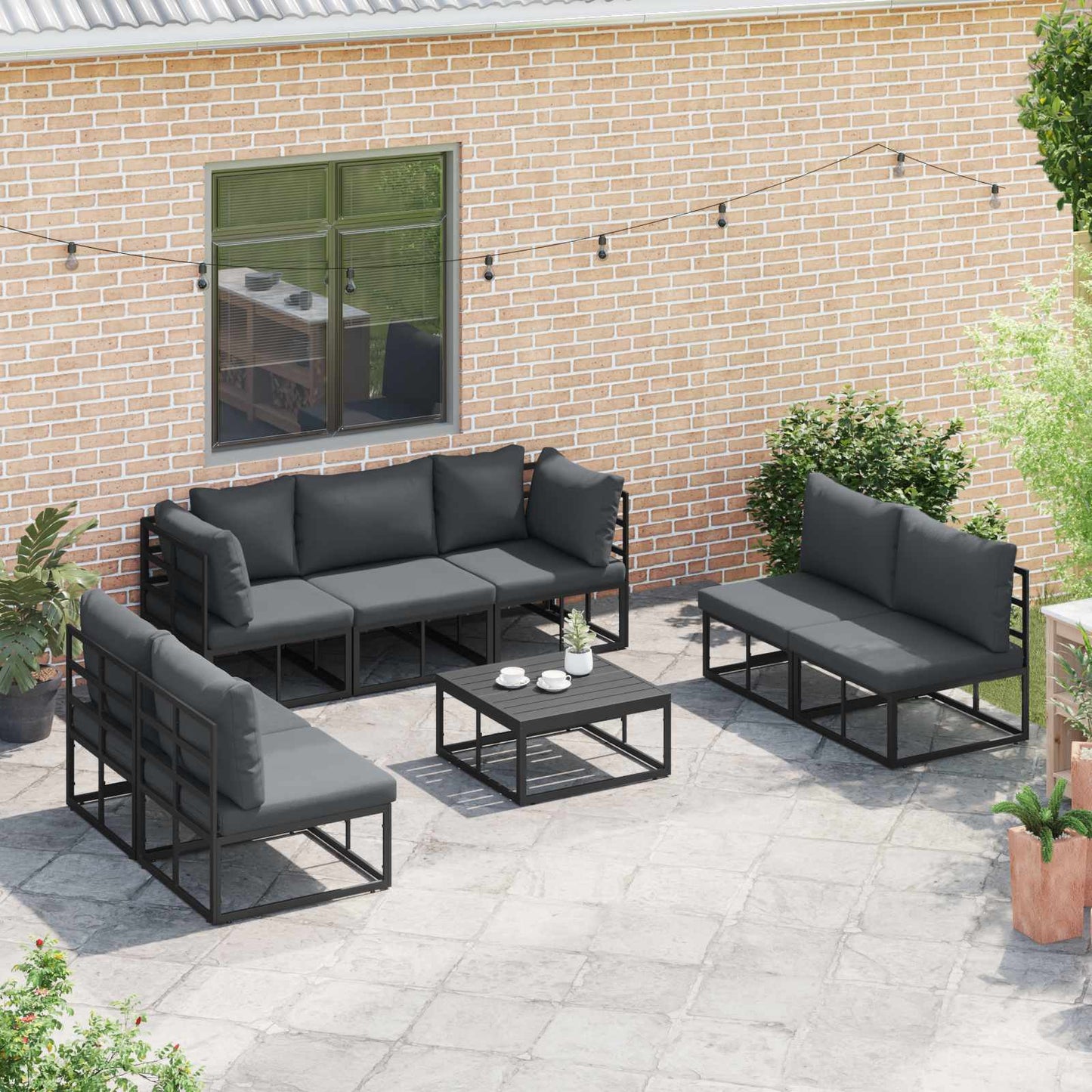 Gartensofa-set mit Kissen 7 pcs Schwarz Aluminium