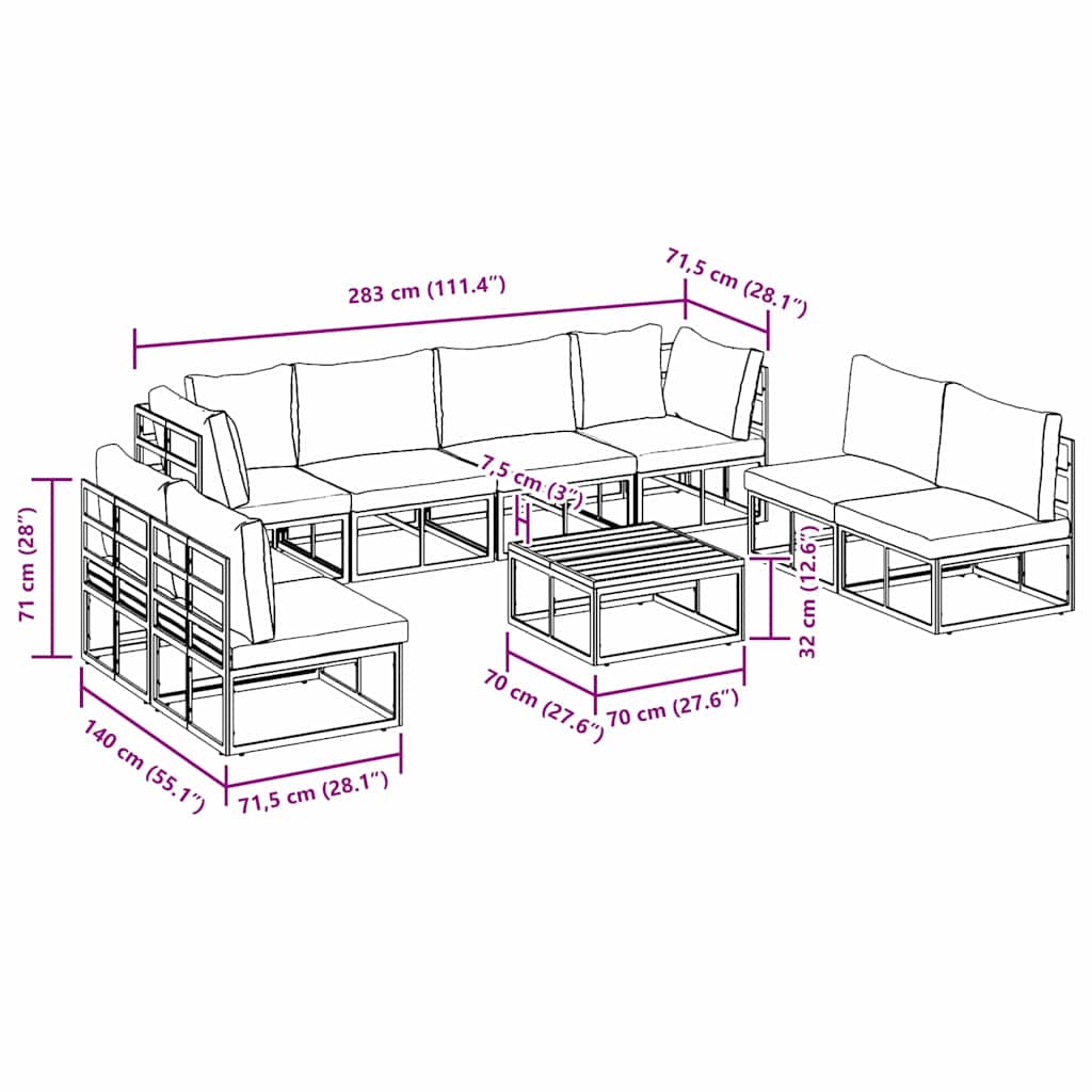 vidaXL Gartensofa-set mit Kissen 9 pcs Schwarz Aluminium