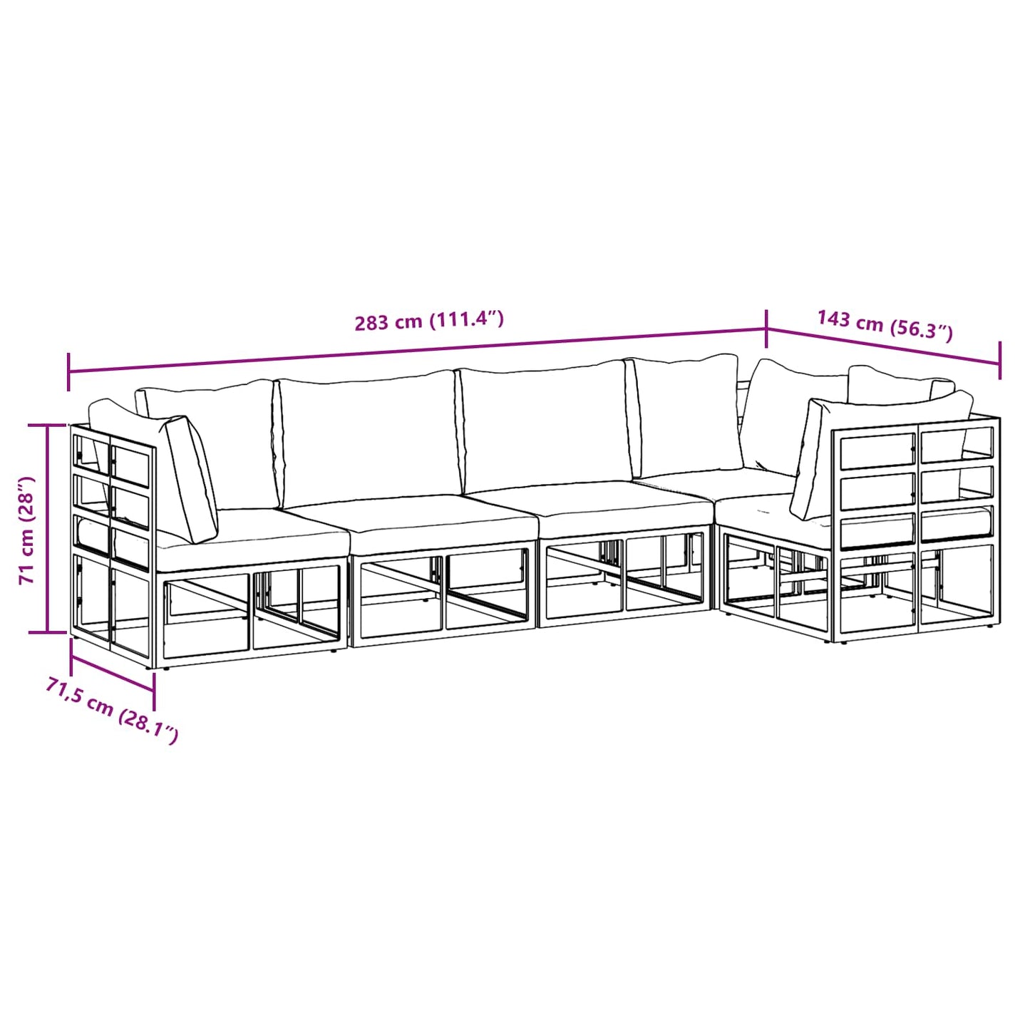 Gartensofa-set mit Kissen 5 pcs Schwarz Aluminium