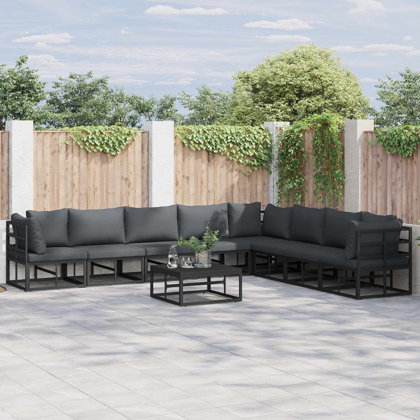 vidaXL Salon de jardin avec coussins 9 pcs Noir Aluminium