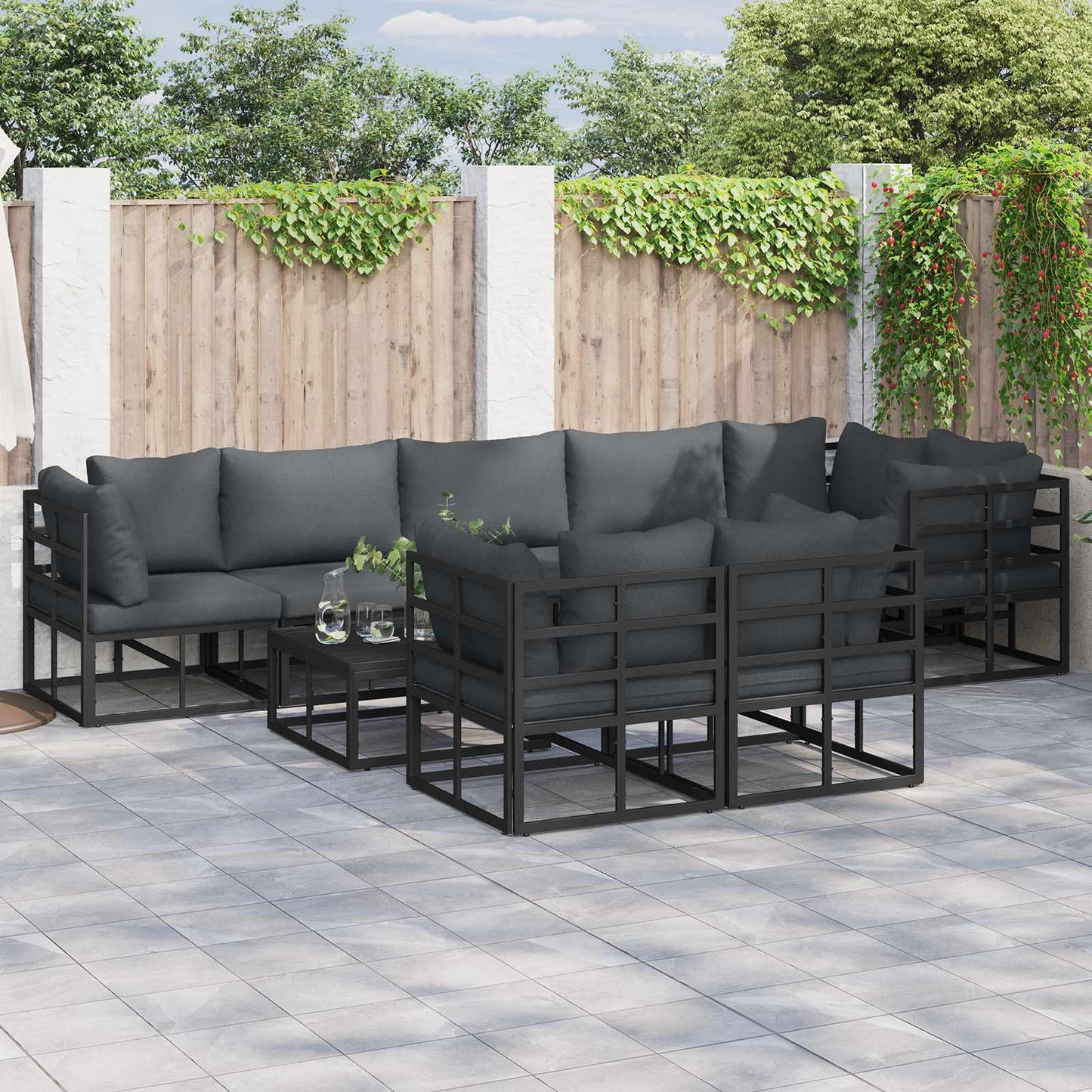 Gartensofa-set mit Kissen 9 pcs Schwarz Aluminium
