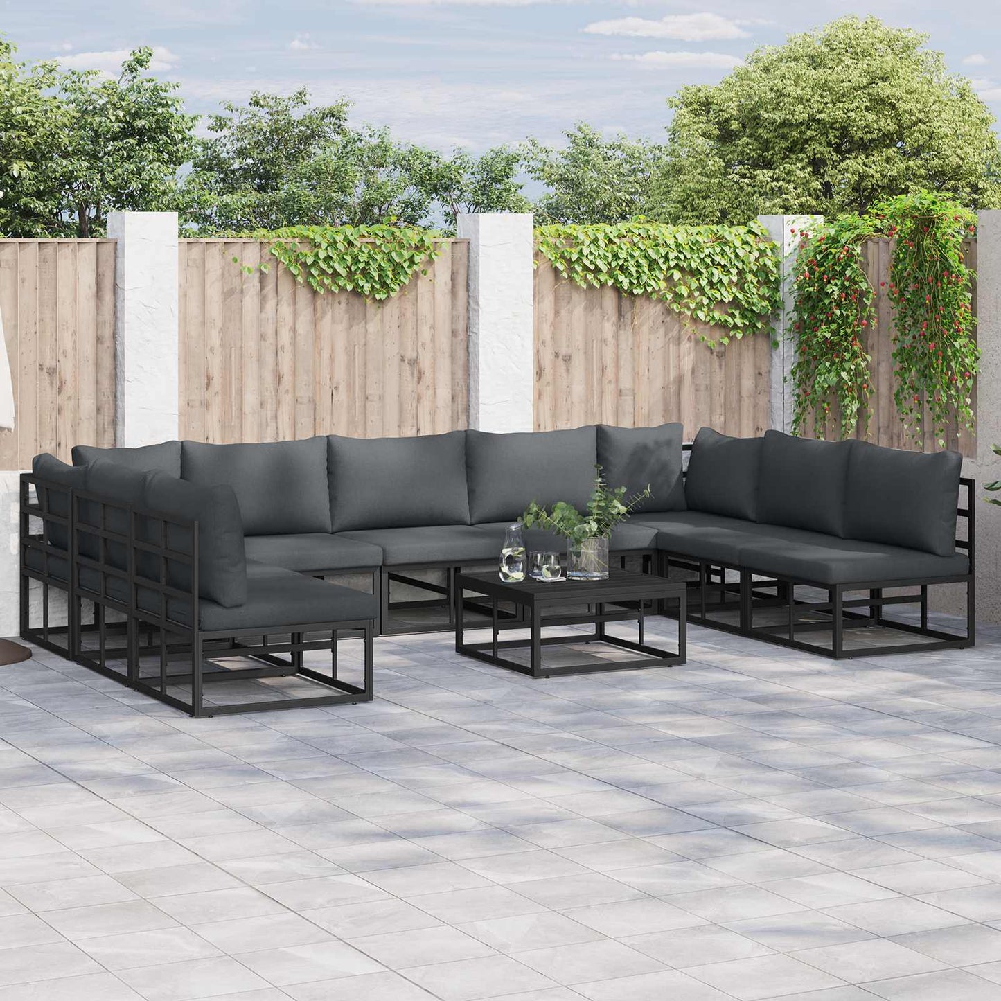 Gartensofa-set mit Kissen 10 pcs Schwarz Aluminium