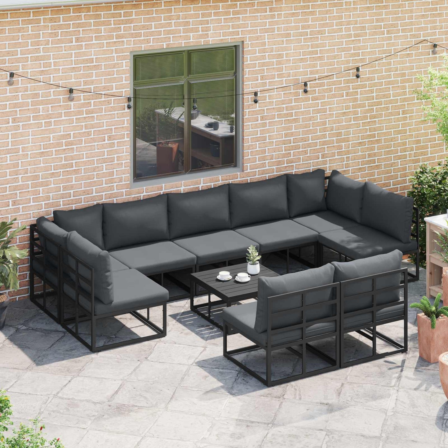 Gartensofa-set mit Kissen 10 pcs Schwarz Aluminium