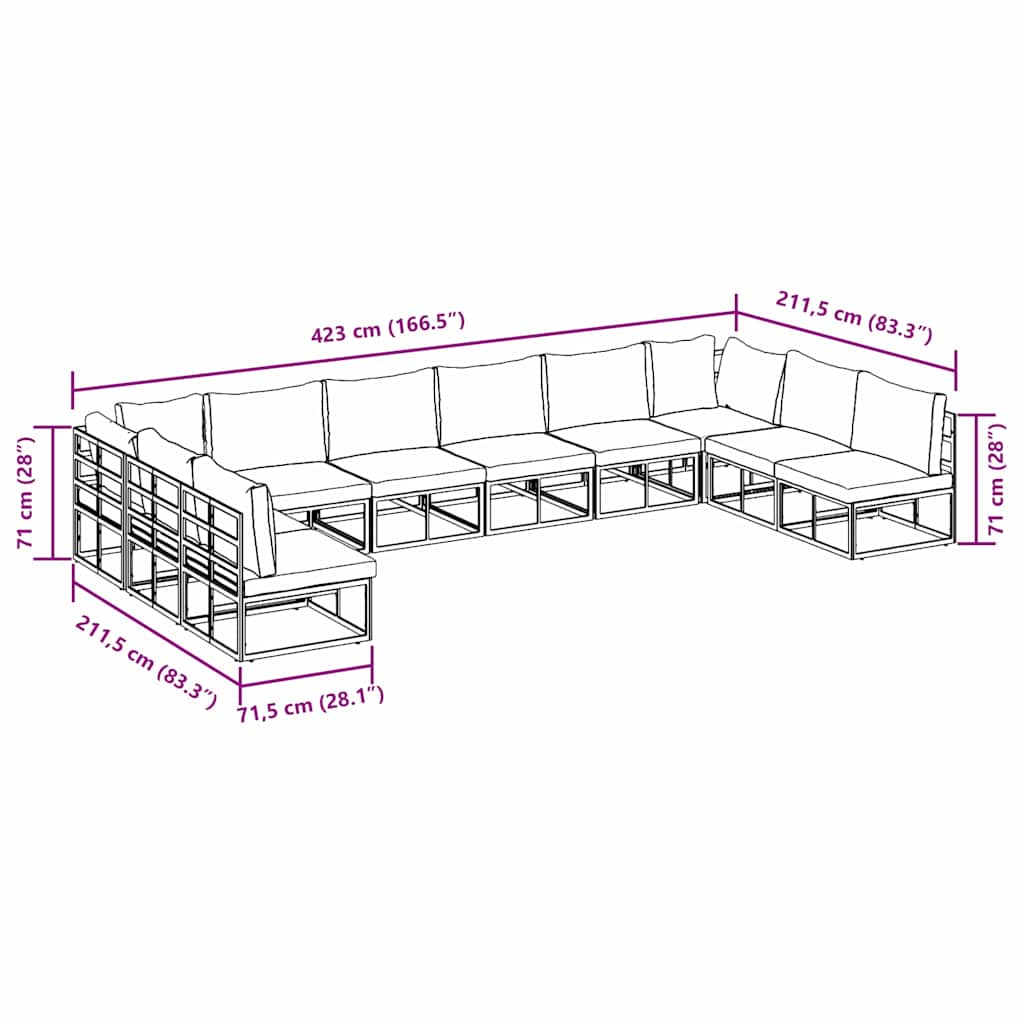 vidaXL Canapé de jardin avec coussins 10 pcs Noir Aluminium