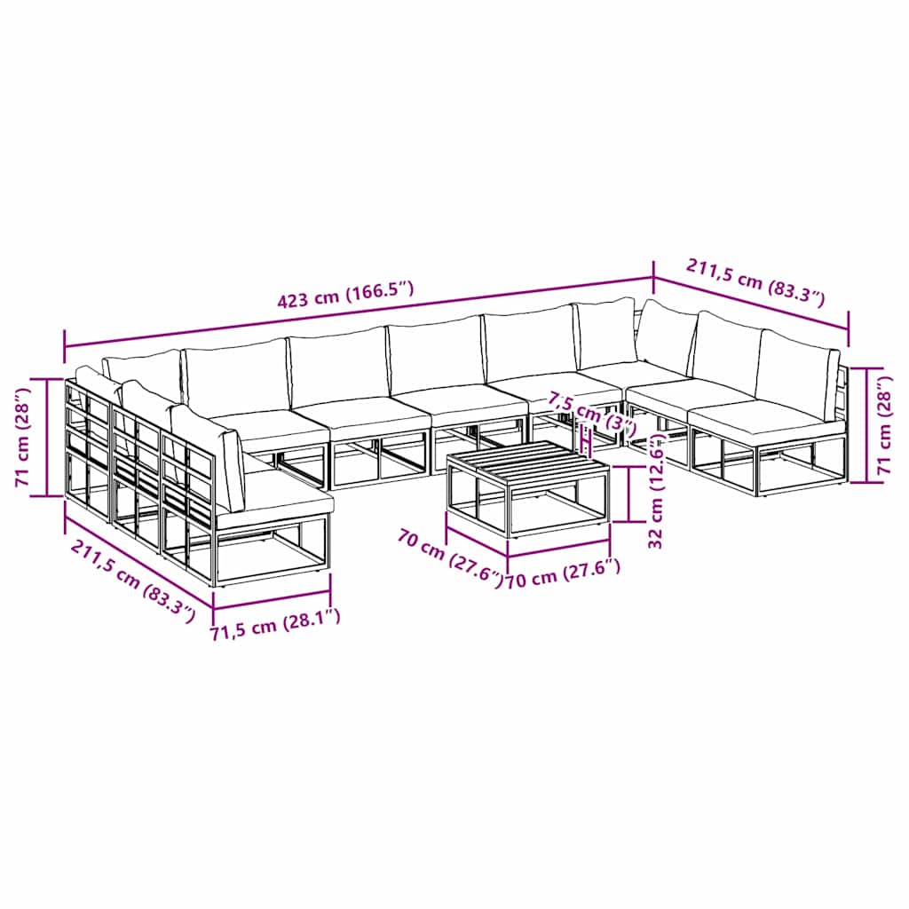 vidaXL Salon de jardin avec coussins 11 pcs Aluminium noir