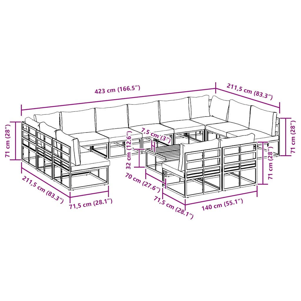 vidaXL Gartensofa-set mit Kissen 13 pcs Schwarz Aluminium