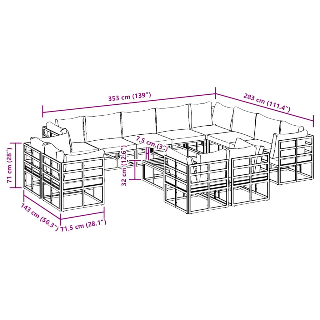 vidaXL Ensemble de canapés de jardin avec coussins 13 pcs