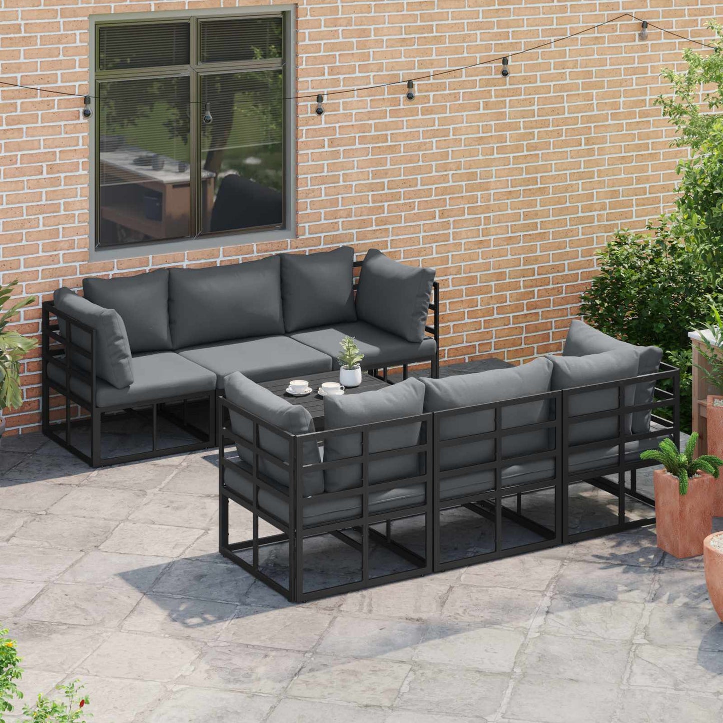 vidaXL Salon de jardin avec coussins 7 pcs Noir Aluminium