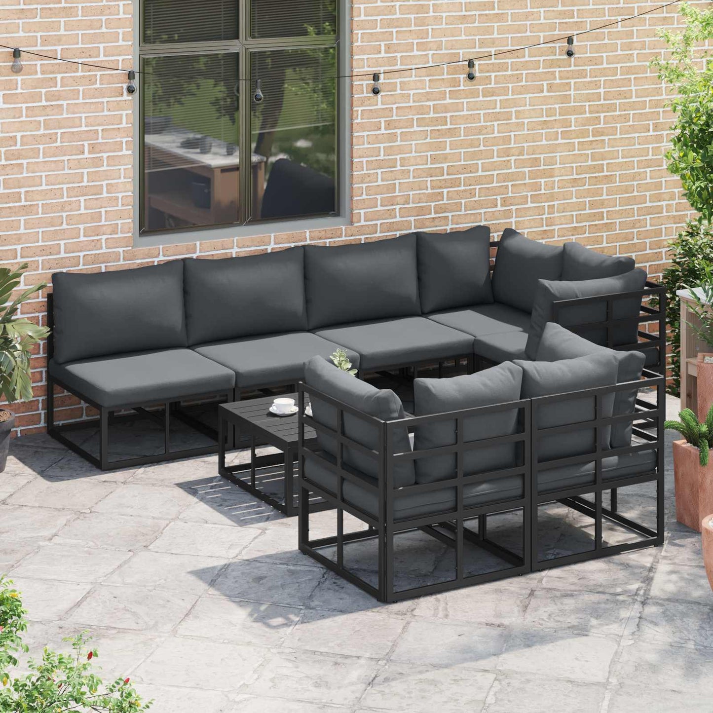 Gartensofa-set mit Kissen 8 pcs Schwarz Aluminium
