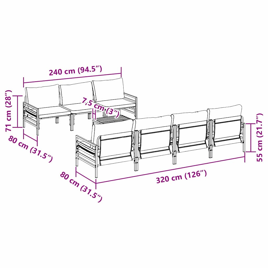 Gartensofa-set mit Kissen 8 pcs Schwarz Stahl