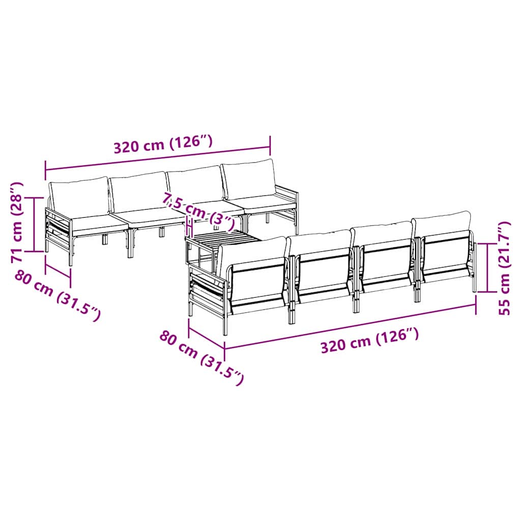 Gartensofa-set mit Kissen 9 pcs Schwarz Stahl