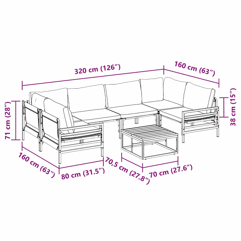 Gartensofa-set mit Kissen 7 pcs Schwarz Stahl