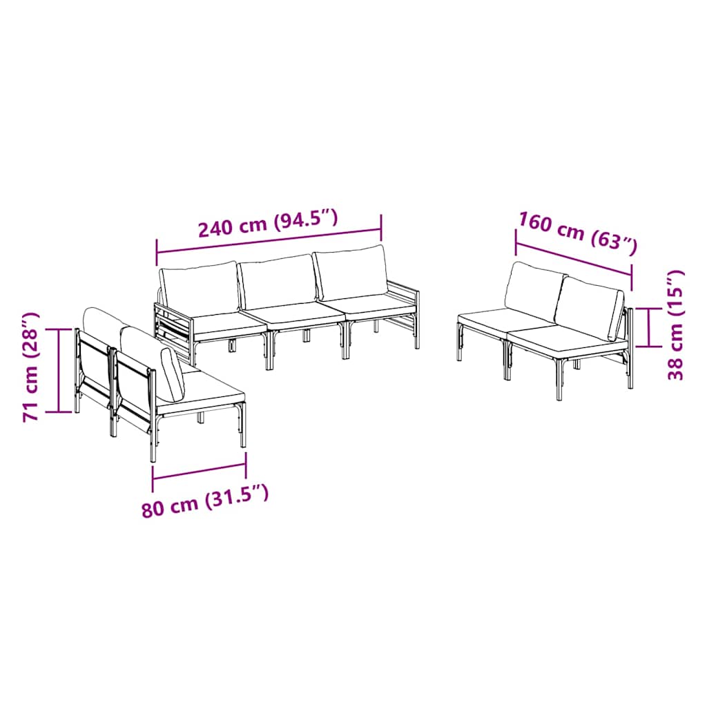 Gartensofa-set mit Kissen 7 pcs Schwarz Stahl