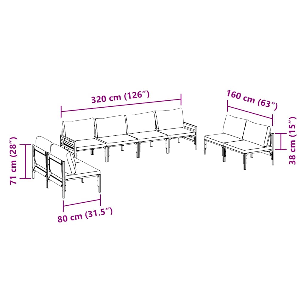 vidaXL Gartensofa-set mit Kissen 8 pcs Schwarz Stahl