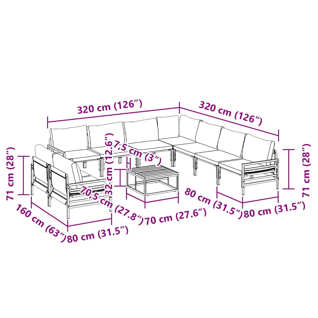 vidaXL Gartensofa-set mit Kissen 10 pcs Schwarz Stahl