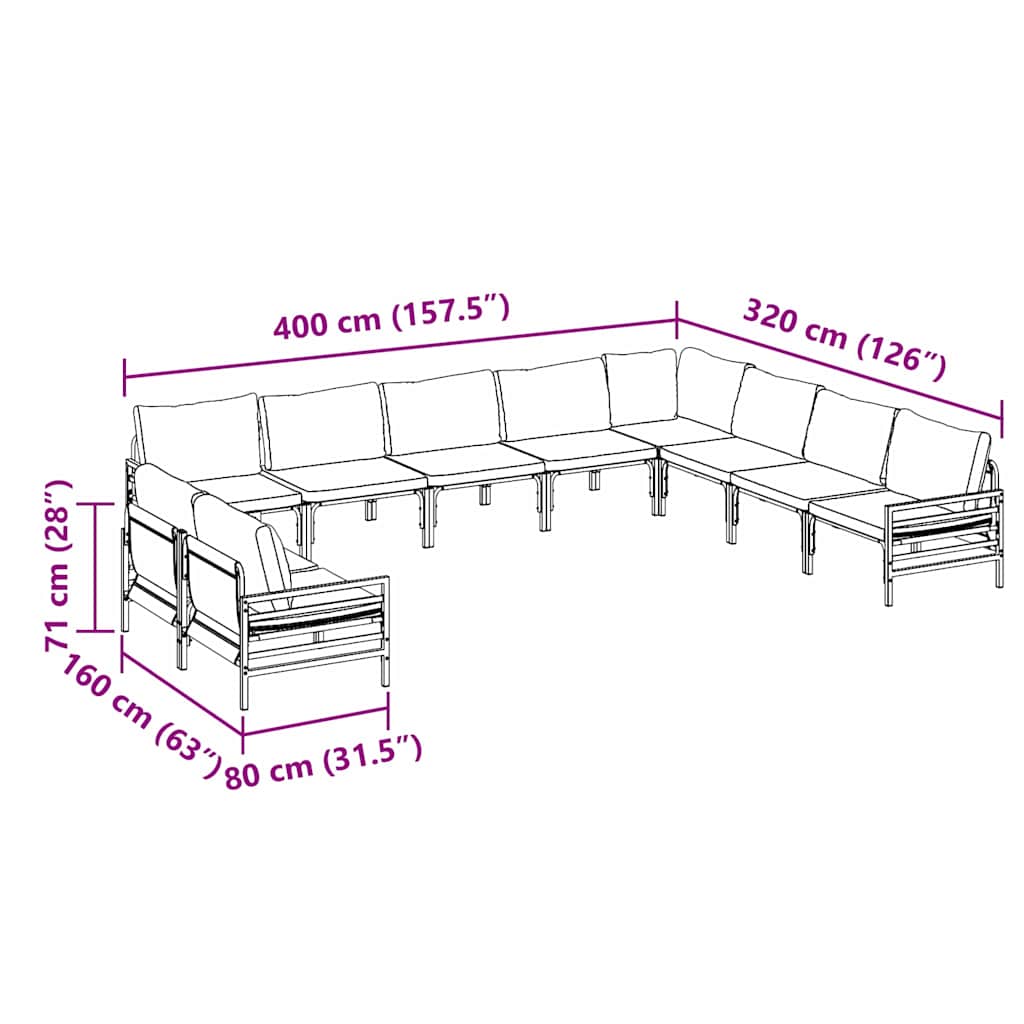 vidaXL Gartensofa-set mit Kissen 10 pcs Schwarz Stahl