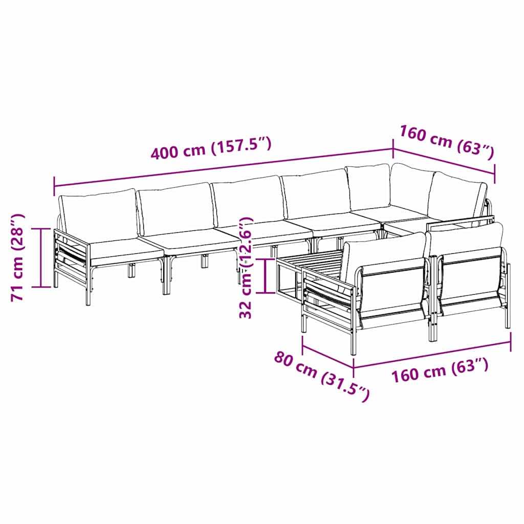 Gartensofa-set mit Kissen 9 pcs Schwarz Stahl