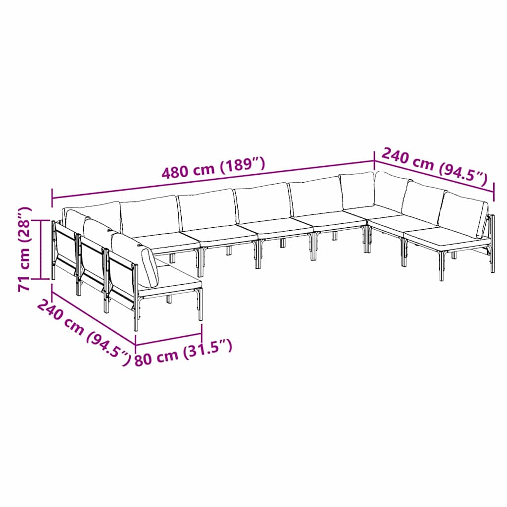 vidaXL Gartensofa-set mit Kissen 10 pcs Schwarz Stahl
