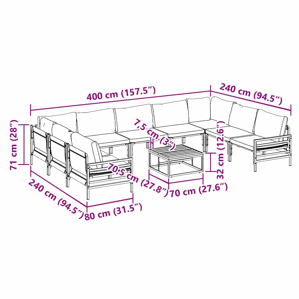 vidaXL Gartensofa-set mit Kissen 10 pcs Schwarz Stahl