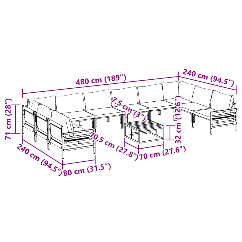 vidaXL Gartensofa-set mit Kissen 11 pcs Schwarz Stahl