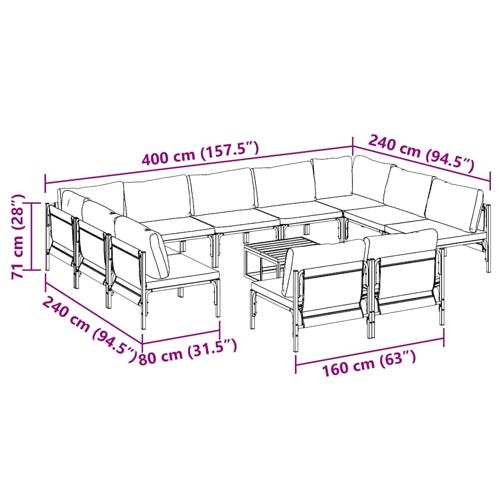 vidaXL Gartensofa-set mit Kissen 12 pcs Schwarz Stahl
