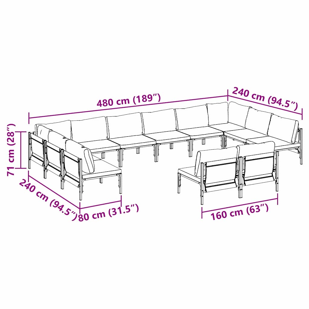 vidaXL Gartensofa-set mit Kissen 12 pcs Schwarz Stahl