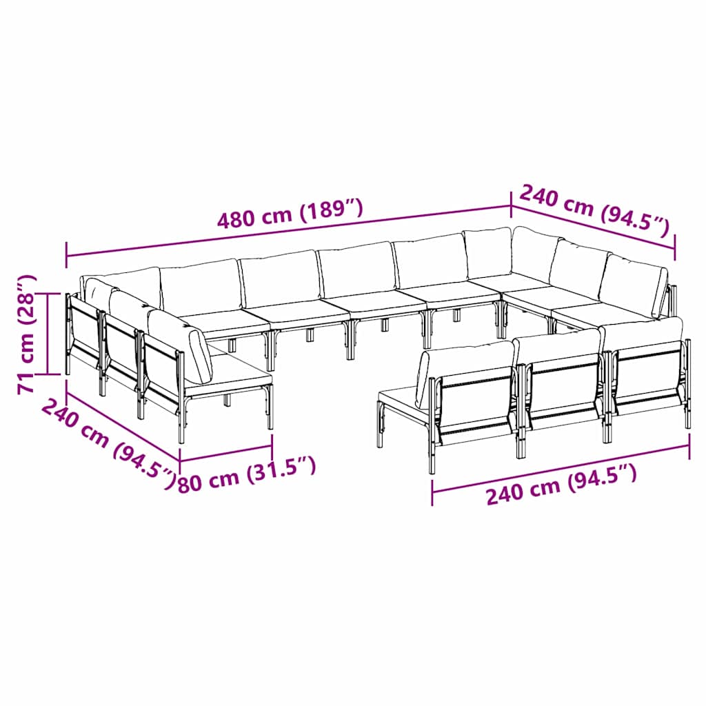 Gartensofa-set mit Kissen 13 pcs Schwarz Stahl