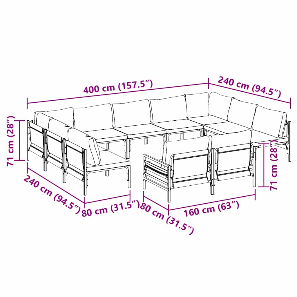 vidaXL Gartensofa-set mit Kissen 11 pcs Schwarz Stahl